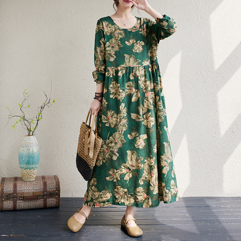 Őszi 2025-ös etnikai mintás környakú, hosszú ujjú laza szabású ruha nőknek