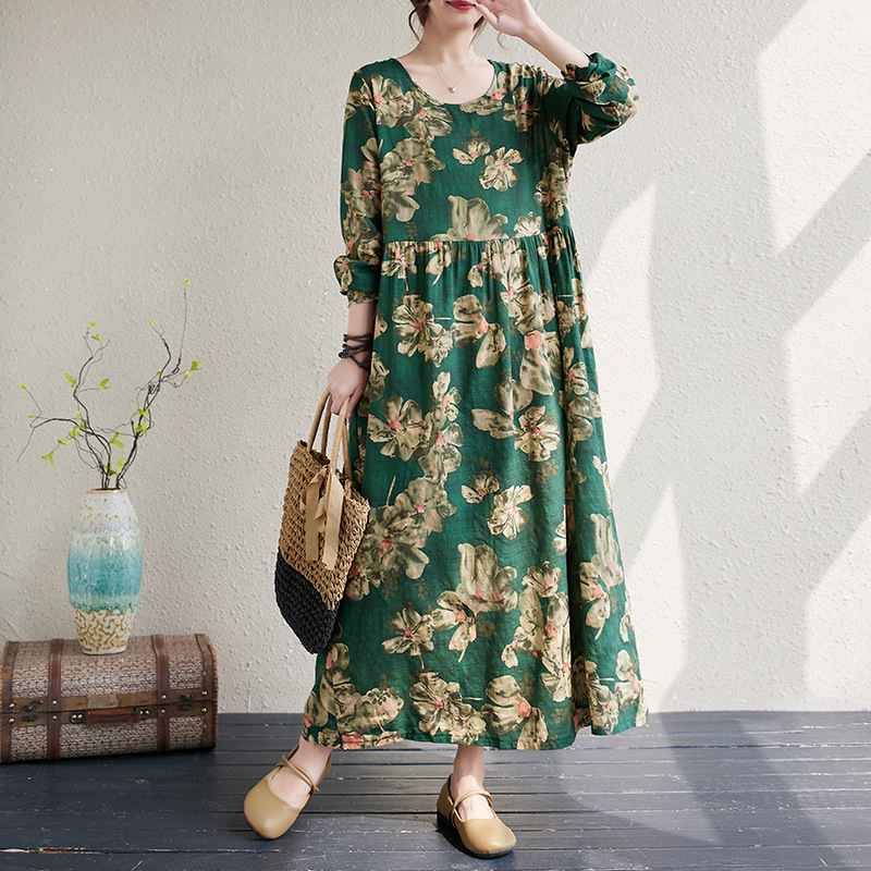 Őszi 2025-ös etnikai mintás környakú, hosszú ujjú laza szabású ruha nőknek