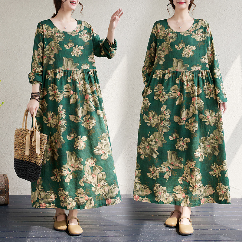 Őszi 2025-ös etnikai mintás környakú, hosszú ujjú laza szabású ruha nőknek