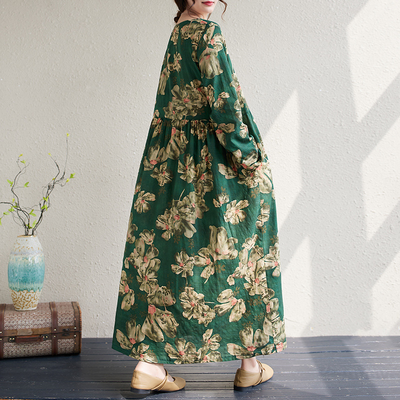 Őszi 2025-ös etnikai mintás környakú, hosszú ujjú laza szabású ruha nőknek