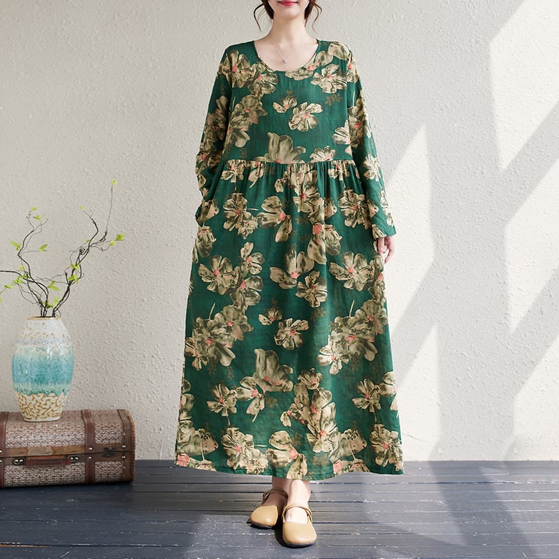 Őszi 2025-ös etnikai mintás környakú, hosszú ujjú laza szabású ruha nőknek