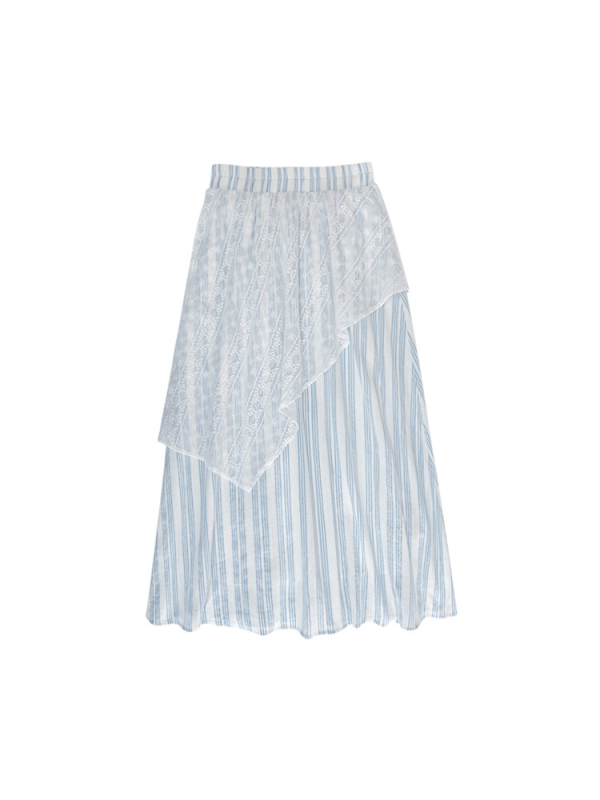 Csíkos csipkés, dupla rétegű szoknya körtealakú siluettel, kisméretű testhez, nyári modell