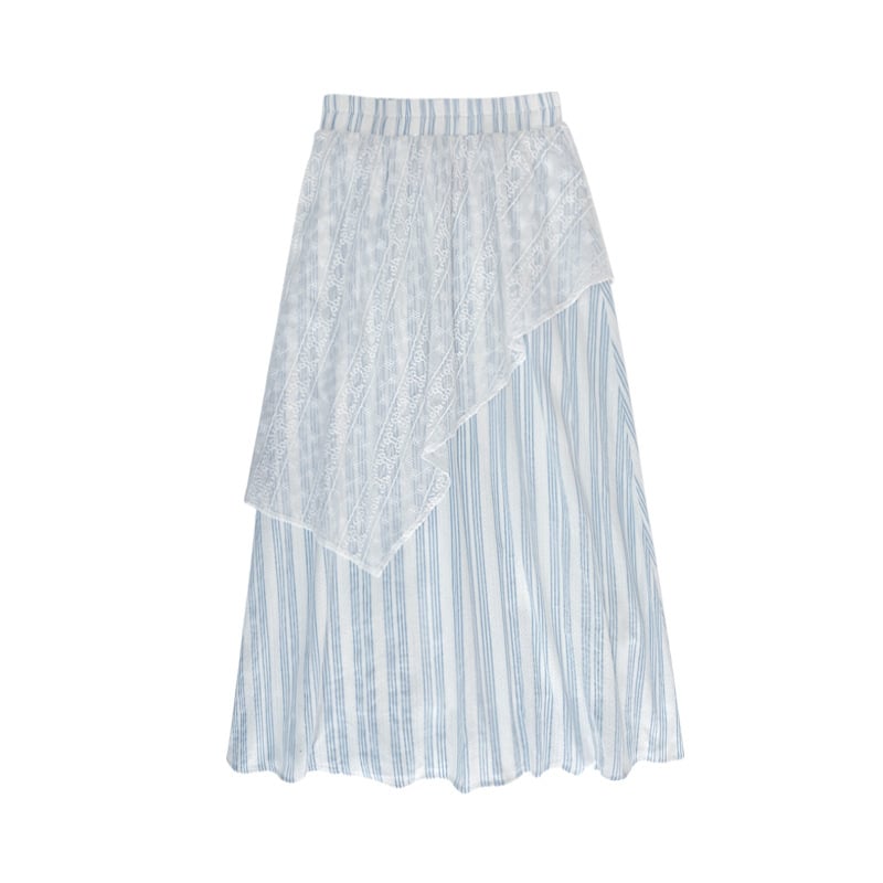 Csíkos csipkés, dupla rétegű szoknya körtealakú siluettel, kisméretű testhez, nyári modell