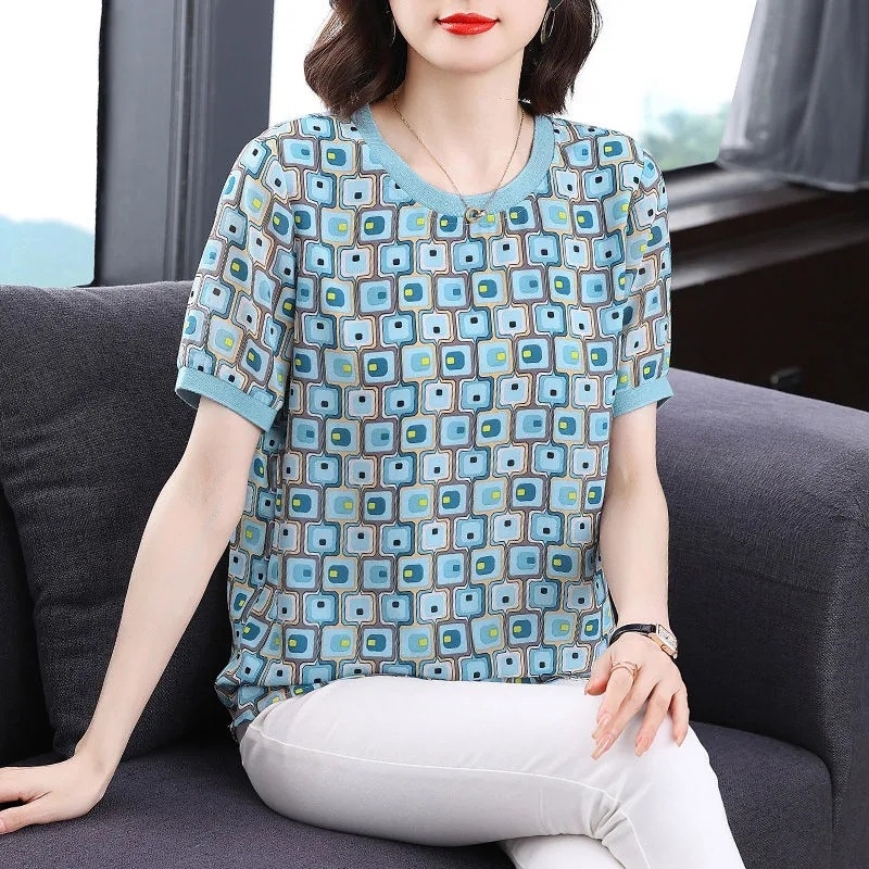 Ženski T-shirt s kratkim rukavima, ljeto 2025, opuštena silueta, plus veličina, prekriva trbuh, top s geometrijskim uzorkom