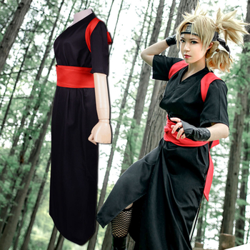 Nindža cosplay kostim s crnim kimonom i motivom Temari, dizajn nadahnut pijesčno-sjenim selom za Halloween