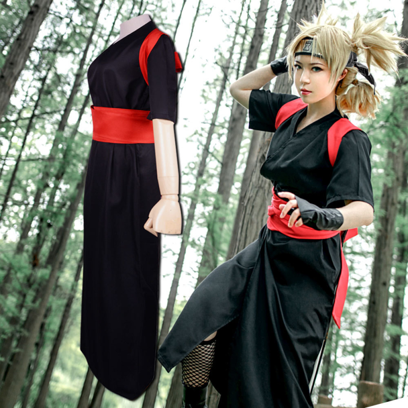Nindža cosplay kostim s crnim kimonom i motivom Temari, dizajn nadahnut pijesčno-sjenim selom za Halloween