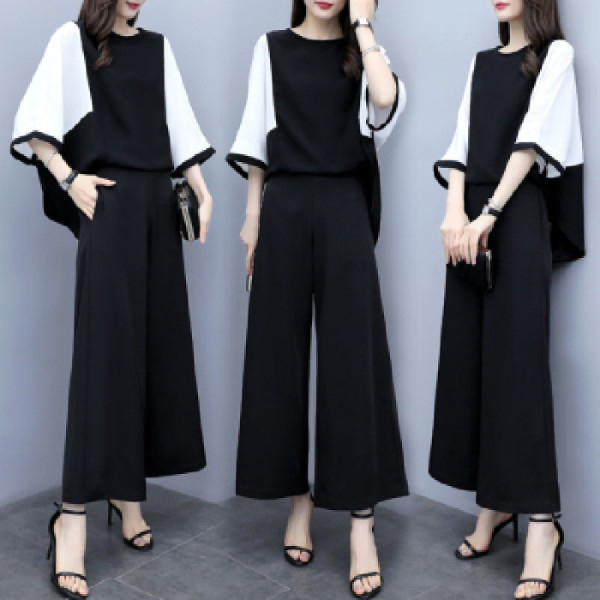 2020 ljetni ženski dvodijelni komplet: opušteni gornji dio s šavovima i široke cropped hlače, casual gradski stil, veća veličina