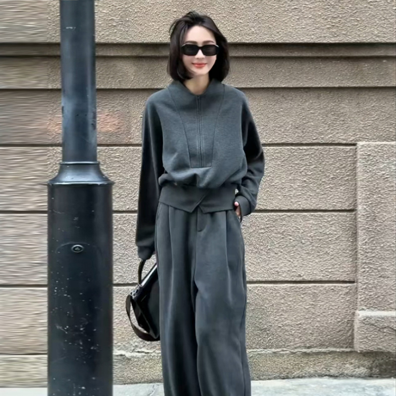 Korejski stil, ženski ležerni dvodjelni set za jesen-zimu, opuštena silueta, široke hlače