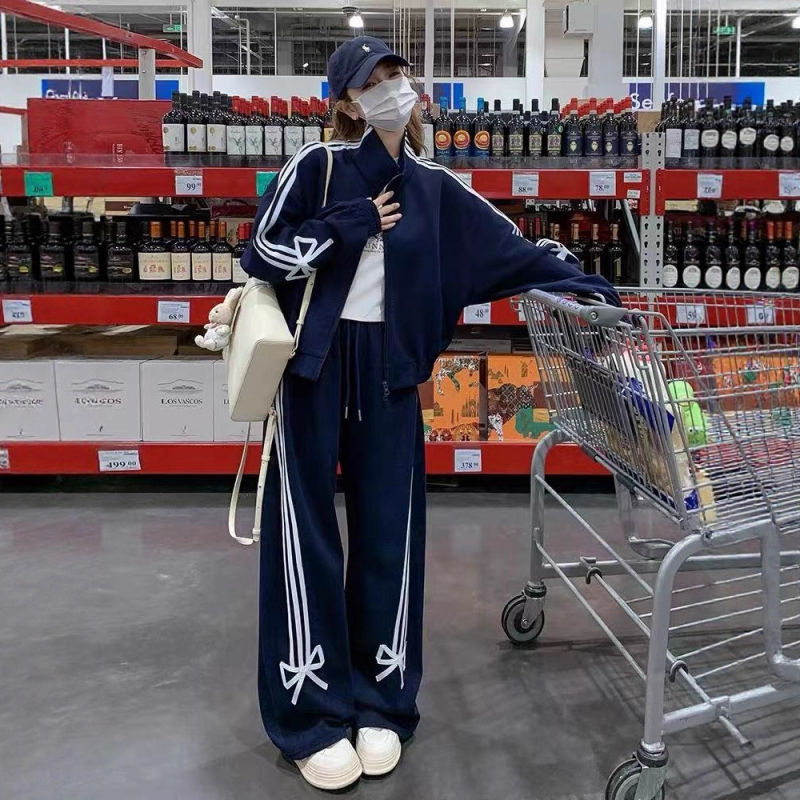 Ženski casual sportski set s europskim stilom za jesen/zimu – Korejskom nadahnut kardigan i dukserica sa širokim hlačama, dvodijelni set