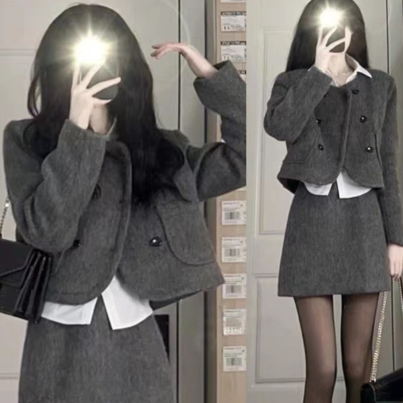 Ženski dvodijelni kostim sa suknjom i kratkim sakoom, s printom, poliester, casual stil japansko-korejski, jesen 2024