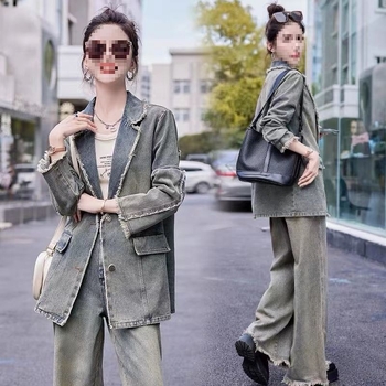 Ženski denim kostim u korejskom stilu, retro casual, dvodijelni set sa širokim hlačama, proljeće–jesen 2025