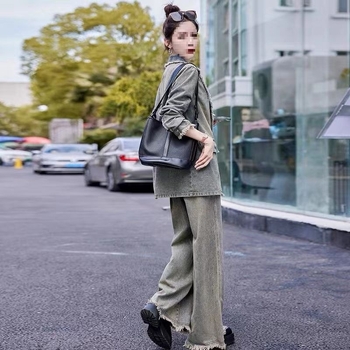 Ženski denim kostim u korejskom stilu, retro casual, dvodijelni set sa širokim hlačama, proljeće–jesen 2025