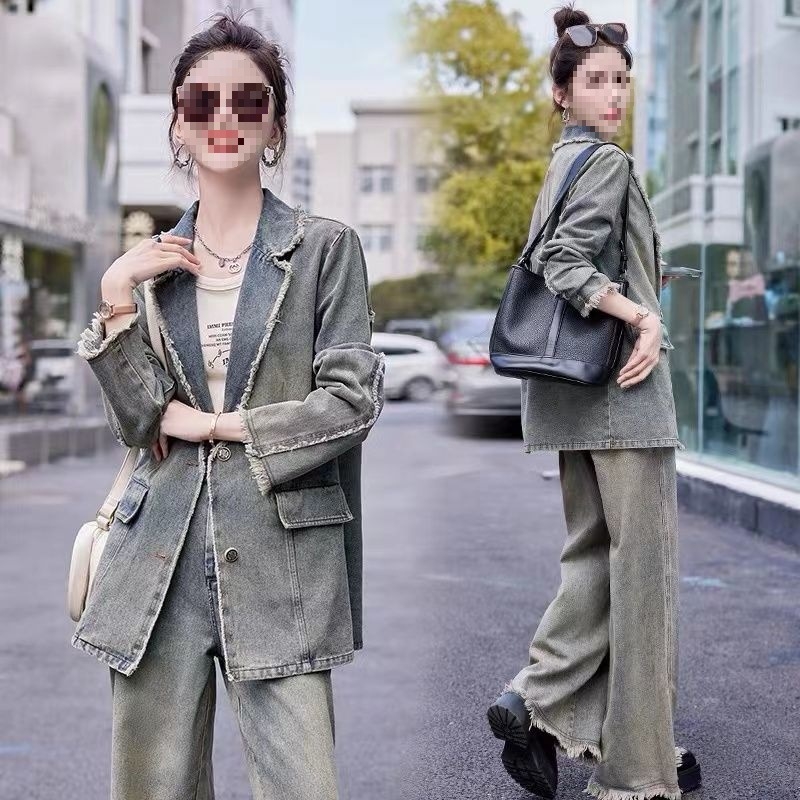 Ženski denim kostim u korejskom stilu, retro casual, dvodijelni set sa širokim hlačama, proljeće–jesen 2025