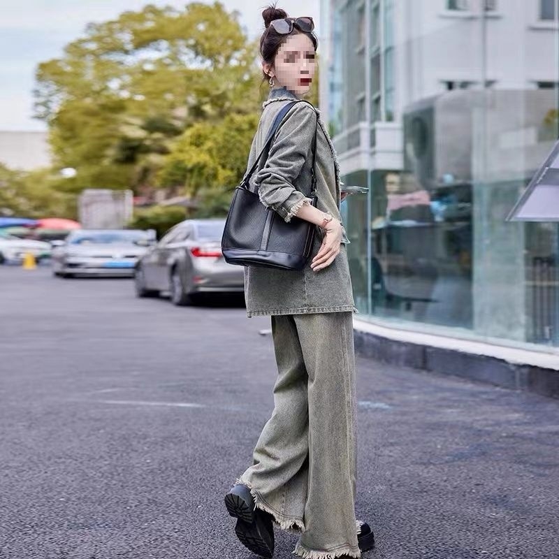 Ženski denim kostim u korejskom stilu, retro casual, dvodijelni set sa širokim hlačama, proljeće–jesen 2025