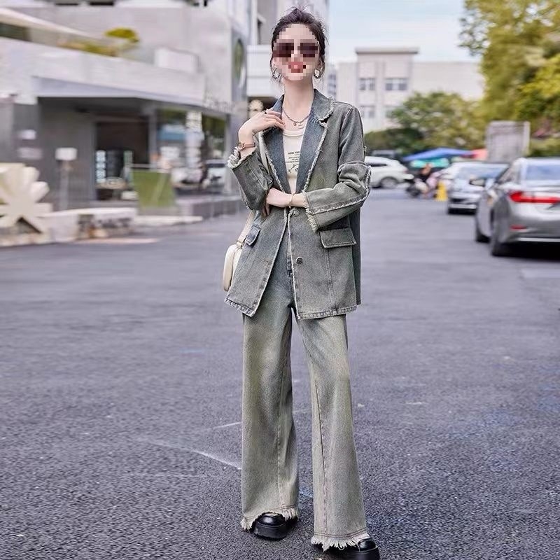 Ženski denim kostim u korejskom stilu, retro casual, dvodijelni set sa širokim hlačama, proljeće–jesen 2025