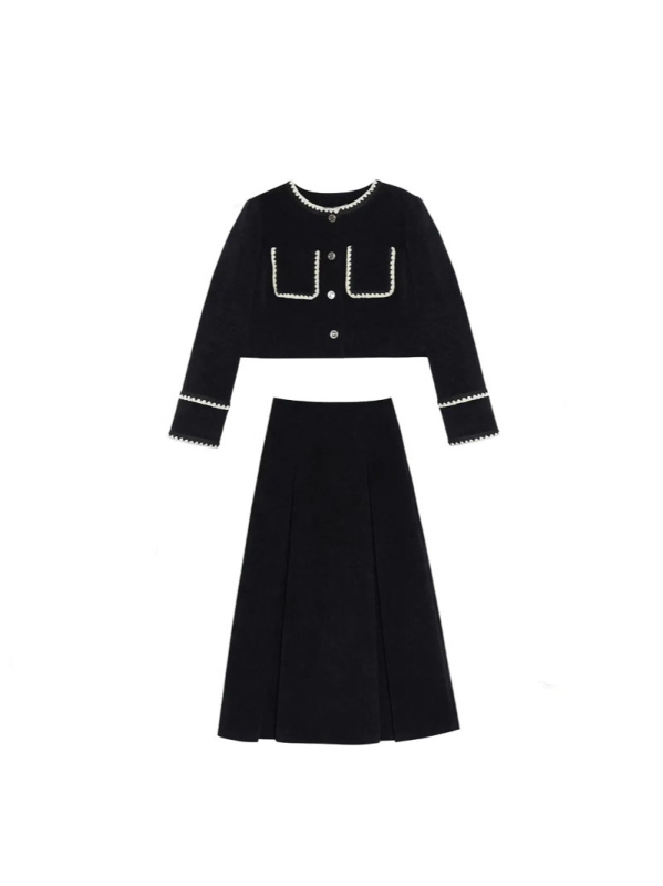 Dvodijelni kostim sa suknjom i sakoom, inspiriran Chanel stilom, jesen-zima 2025, retro Hepburn stil, elegantan komplet odjeće s dojmom visoke kvalitete.
