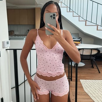 Set kućne odjeće u europskom i američkom stilu, mali cvjetni čipkasti top bez rukava i šortsevi – dvodijelni pijama set