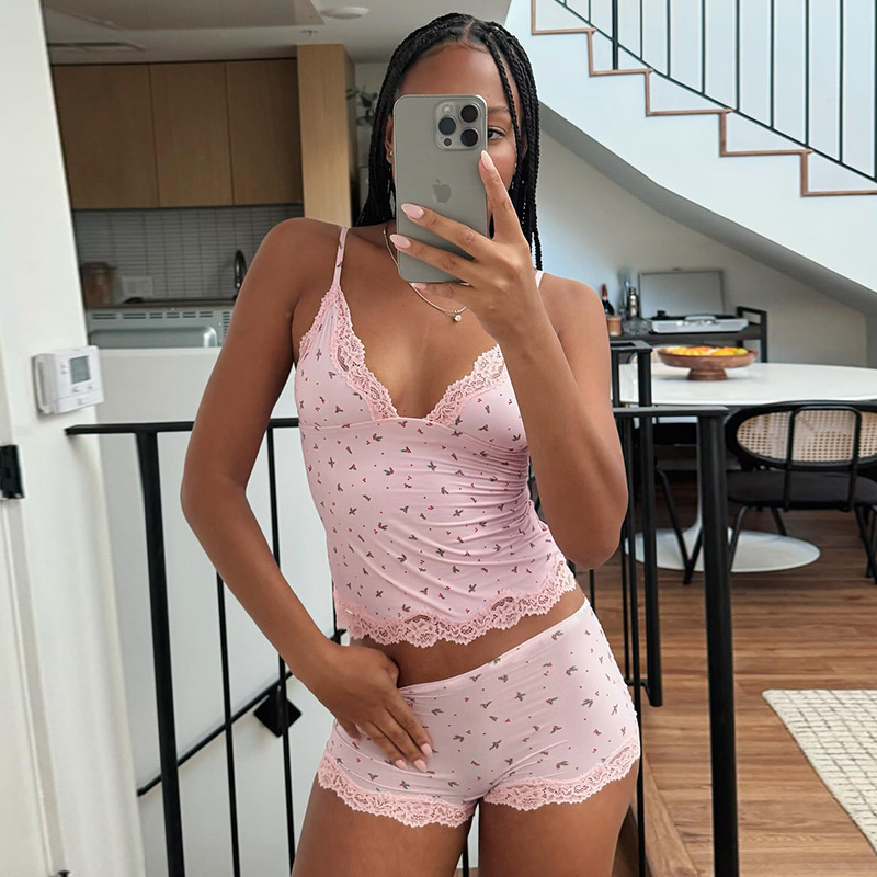 Set kućne odjeće u europskom i američkom stilu, mali cvjetni čipkasti top bez rukava i šortsevi – dvodijelni pijama set