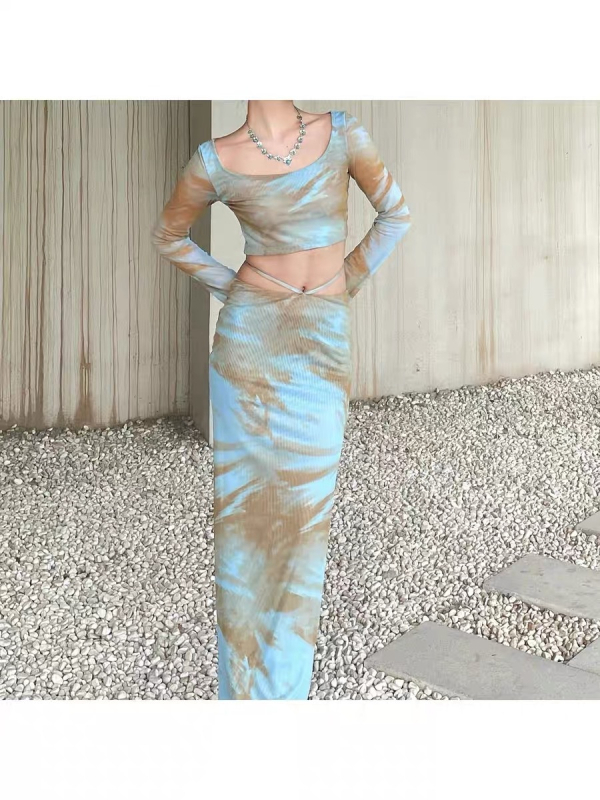 Vintage zapadnjački stil: otisak uljne slike i tie-dye, top s dugim rukavima i izrezom na ramenu, set s visokim strukom i duga suknja
