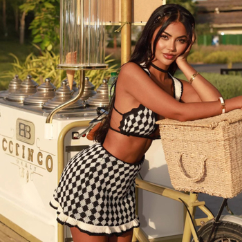 2025 Bikini: top bez rukava i kratka pletena suknja u boho boji – set