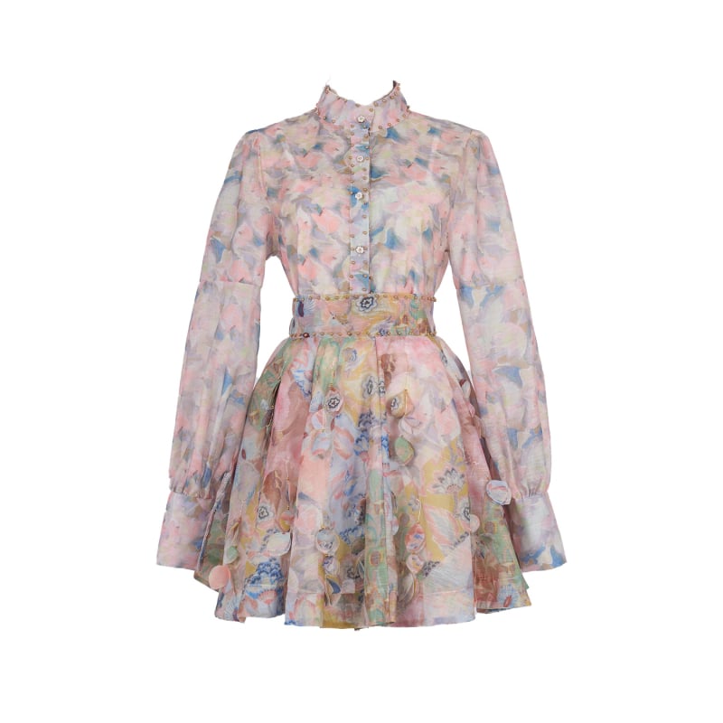 Set bluza u francuskom stilu s visokim ovratnikom i floralnim printom, dugih rukava i suknja s visokim strukom