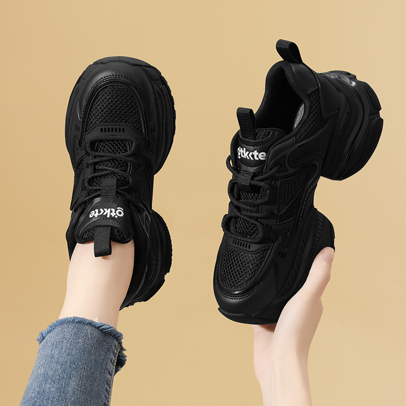 Ženske crne tenisice s debelim potplatom, jesenski stil, povećanje visine, mekan potplat, mrežasti gornji dio, vezanje šnurlama, svakodnevne sportske tenisice