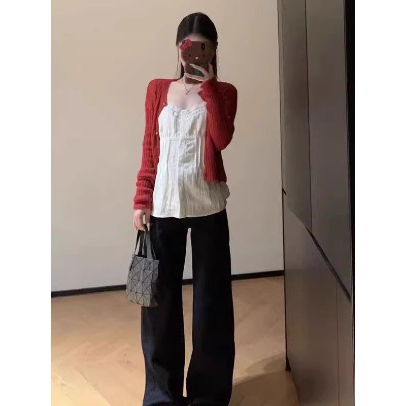 Jesenski dvodijelni set: pleteni kardigan i top s trakama, elegantan francuski stil