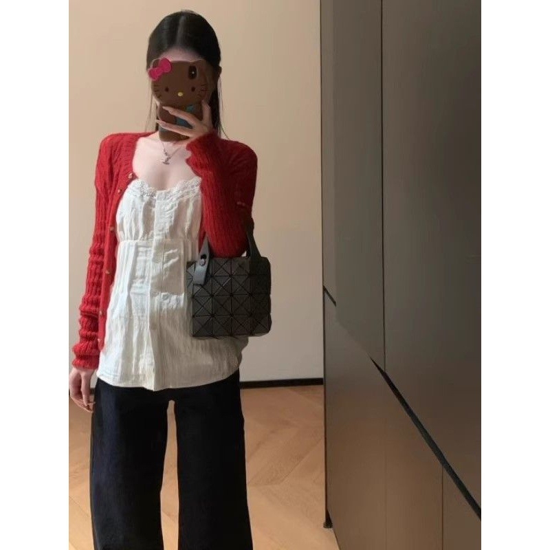 Jesenski dvodijelni set: pleteni kardigan i top s trakama, elegantan francuski stil