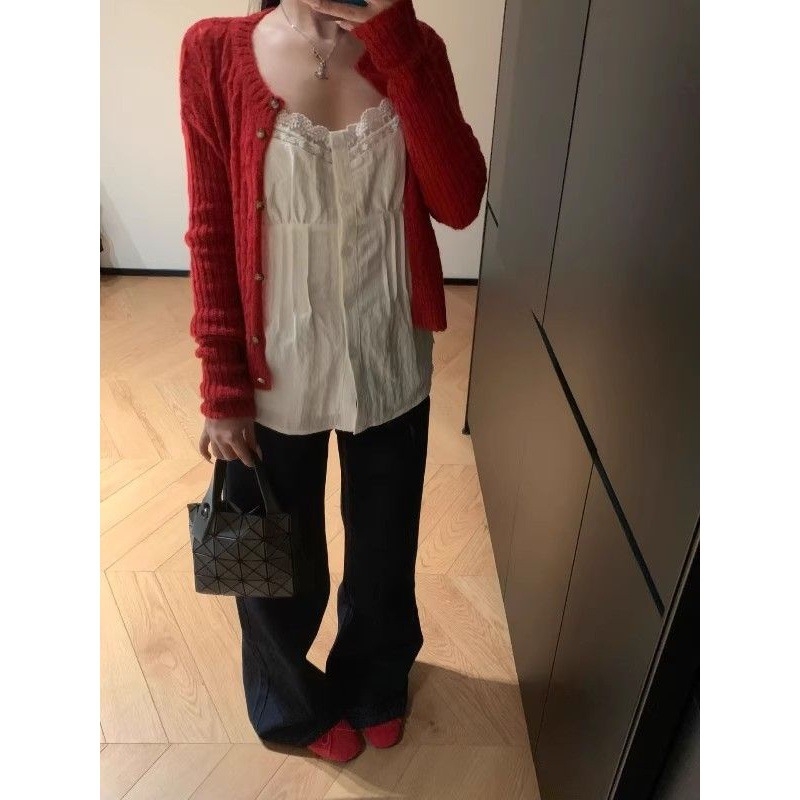 Jesenski dvodijelni set: pleteni kardigan i top s trakama, elegantan francuski stil