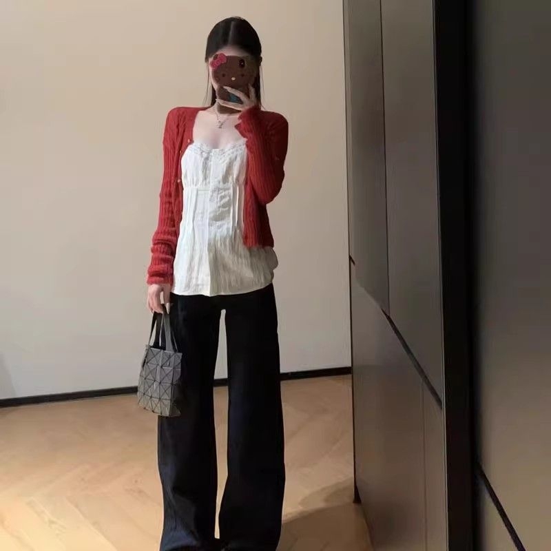 Jesenski dvodijelni set: pleteni kardigan i top s trakama, elegantan francuski stil