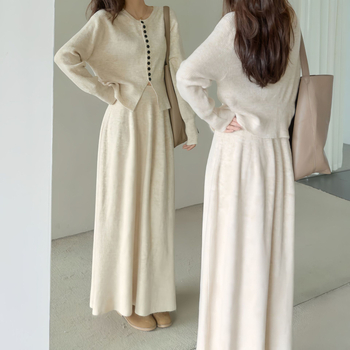 Ženski set pletenog kardigana i duge suknje – elegantan uski kroj, casual stil za jesen i zimu