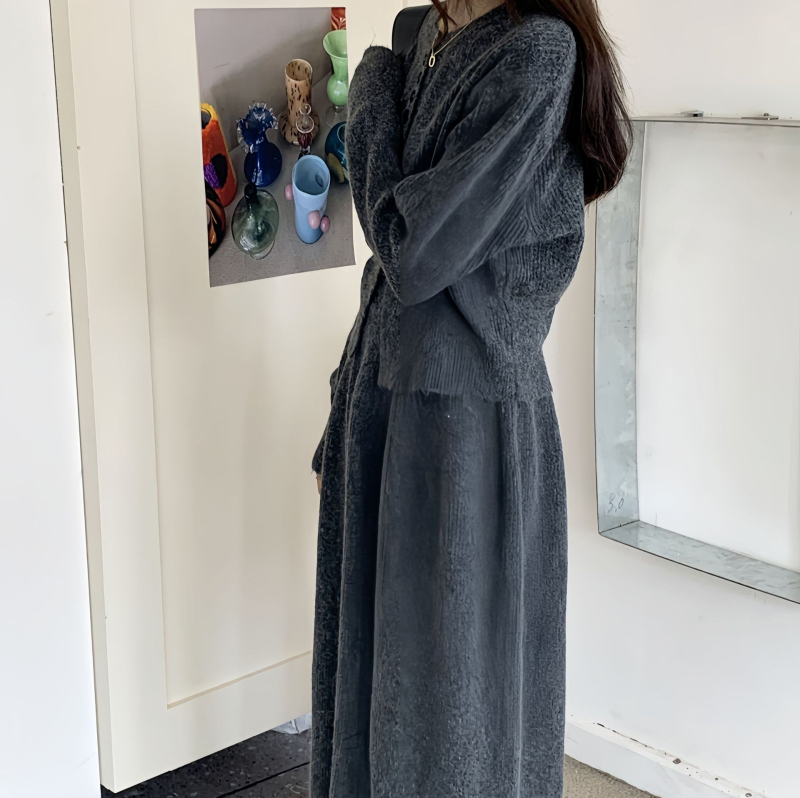 Ženski set pletenog kardigana i duge suknje – elegantan uski kroj, casual stil za jesen i zimu