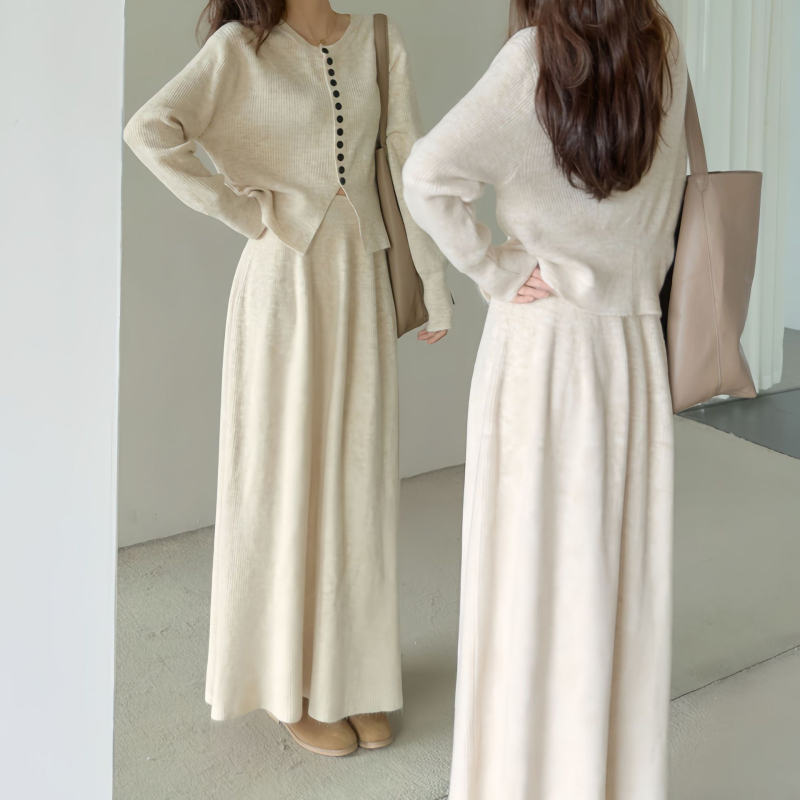 Ženski set pletenog kardigana i duge suknje – elegantan uski kroj, casual stil za jesen i zimu