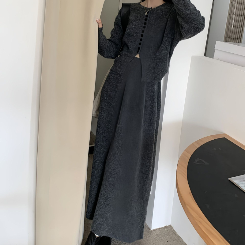 Ženski set pletenog kardigana i duge suknje – elegantan uski kroj, casual stil za jesen i zimu