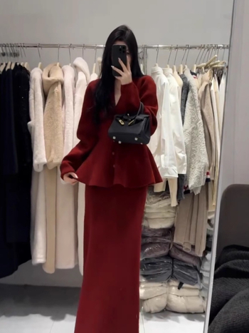 Hepburn stil: vrhunski korejski top i crveni dvodijelni kostim sa suknjom za žene, jesen-zima