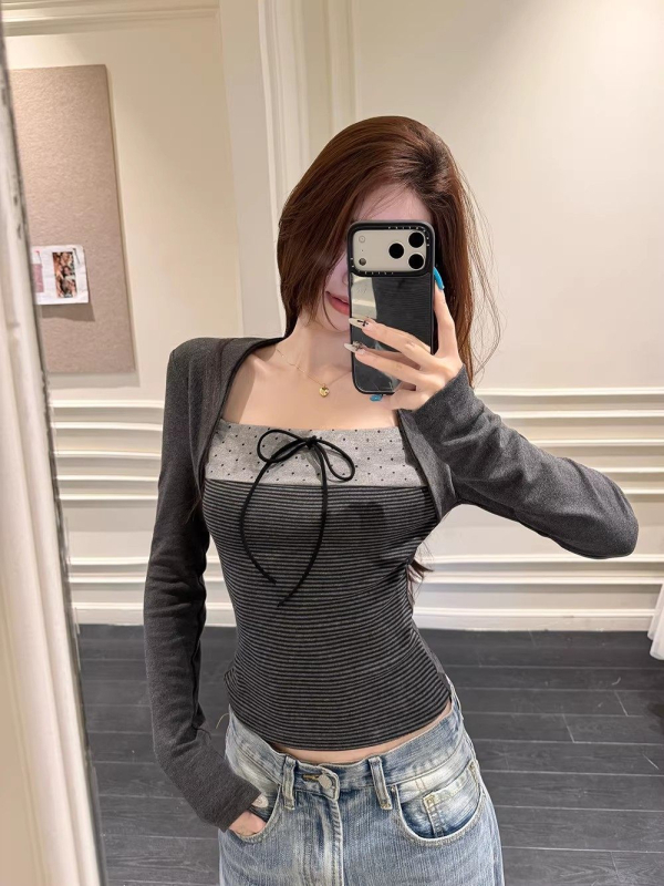 Rayon Brushed Korean-Style Striped Patchwork Faux Two-Piece T-Shirt за жени и комплект от черна вълнена миди пола