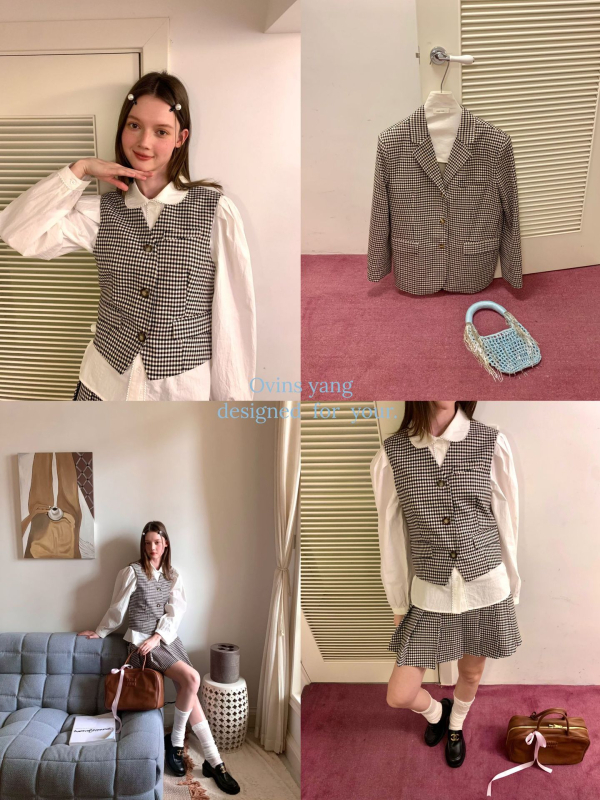 OVINSYANG Žensko karirano sako za proljeće i jesen, elegantan retro fakultetski stil