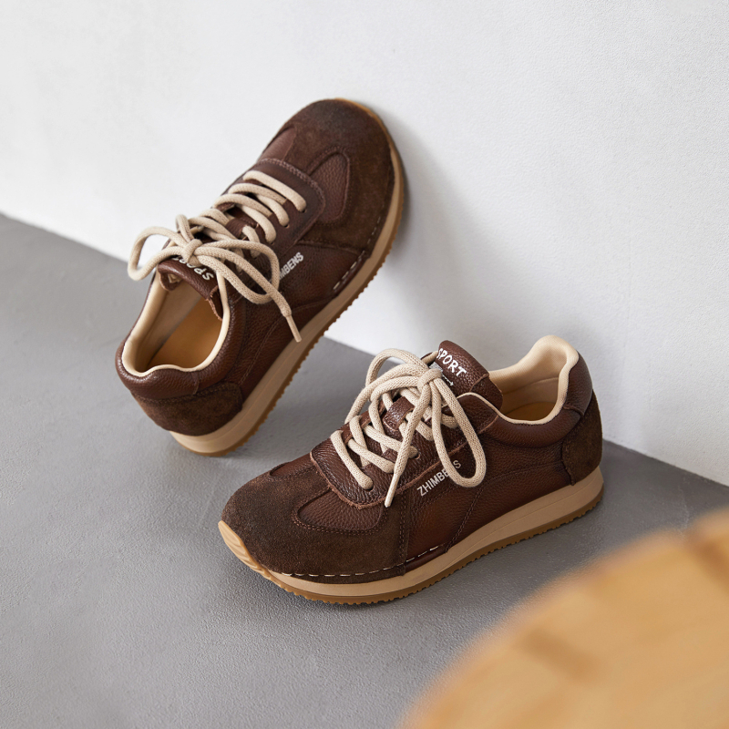 Forrest Gump ženske tenisice od prave kože s blokovima boja, retro stil, vezanje, flis podstava i debela potplata, sportsko-casual obuća