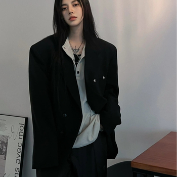 Crno žensko sako s uskim strukom, proljeće–jesen, korejski stil, elegantan ležerni top