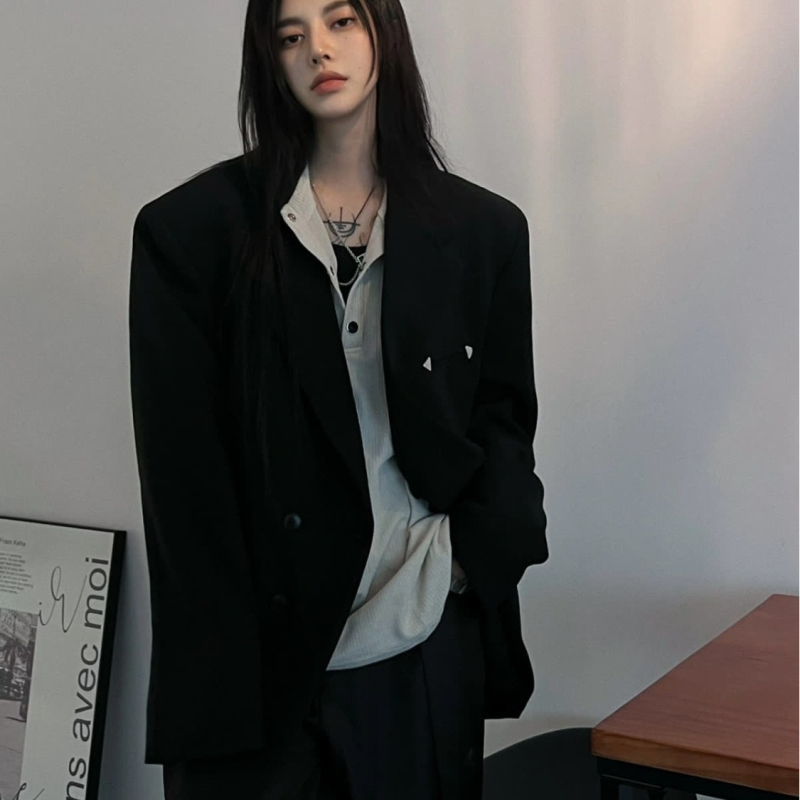 Crno žensko sako s uskim strukom, proljeće–jesen, korejski stil, elegantan ležerni top