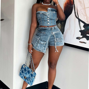 HR88010 Ženski denim set s korzet topom bez rukava i cargo hlače 3/4 dužine