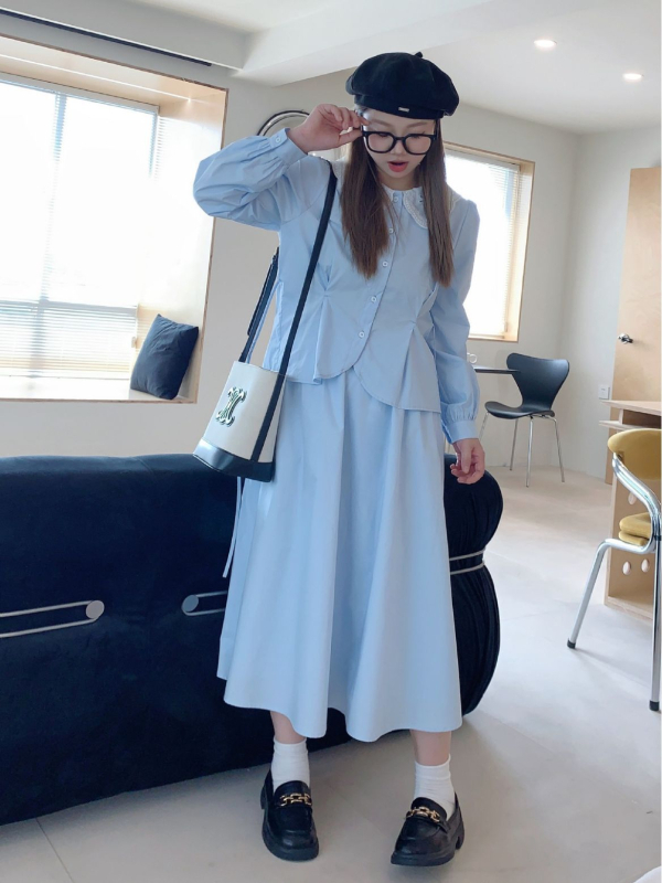 Plus-size komplet: plava bluza s dugim rukavima i midi suknja, udoban, istaknuti struk, pamuk