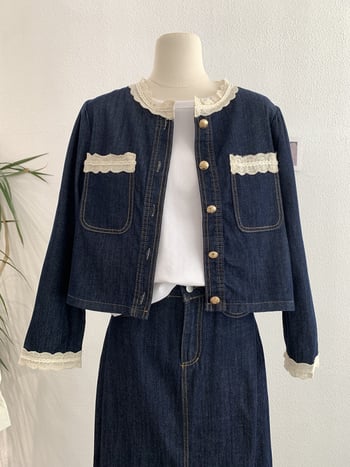 Omalai denim set s čipkastim panelima: top s dugim rukavima i midi suknja, proljeće 2025