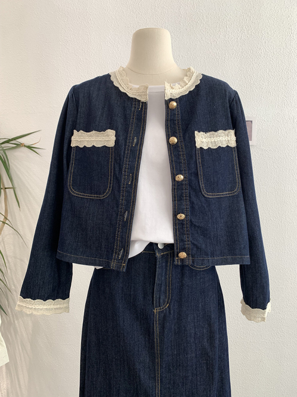 Omalai denim set s čipkastim panelima: top s dugim rukavima i midi suknja, proljeće 2025