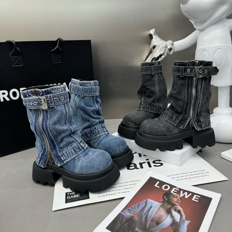 Ženske denim čizme do polovice potkoljenice, s debelom potplatom, bočni zatvarač, Martin stil