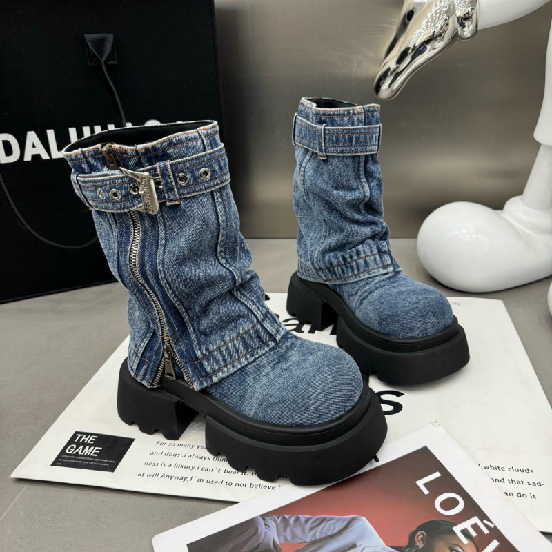 Ženske denim čizme do polovice potkoljenice, s debelom potplatom, bočni zatvarač, Martin stil