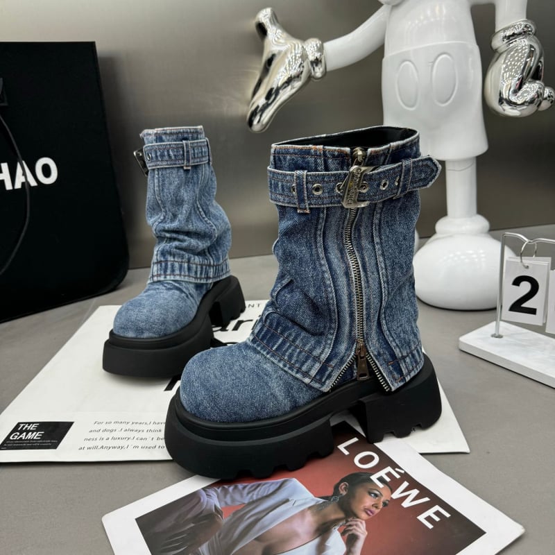 Ženske denim čizme do polovice potkoljenice, s debelom potplatom, bočni zatvarač, Martin stil