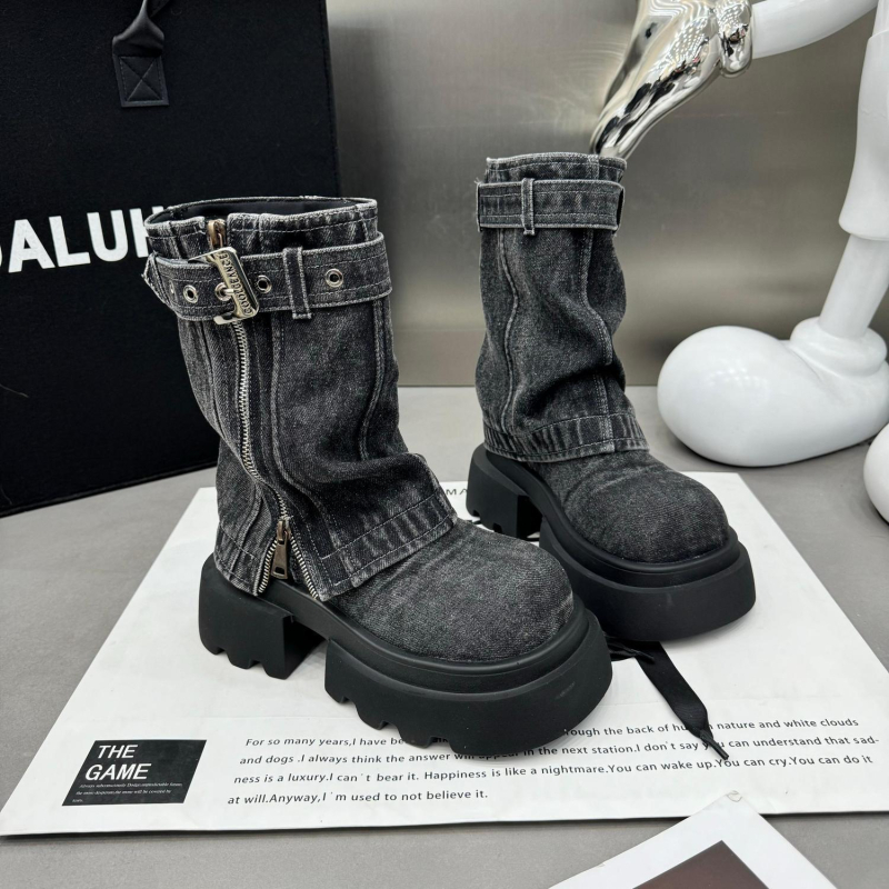 Ženske denim čizme do polovice potkoljenice, s debelom potplatom, bočni zatvarač, Martin stil