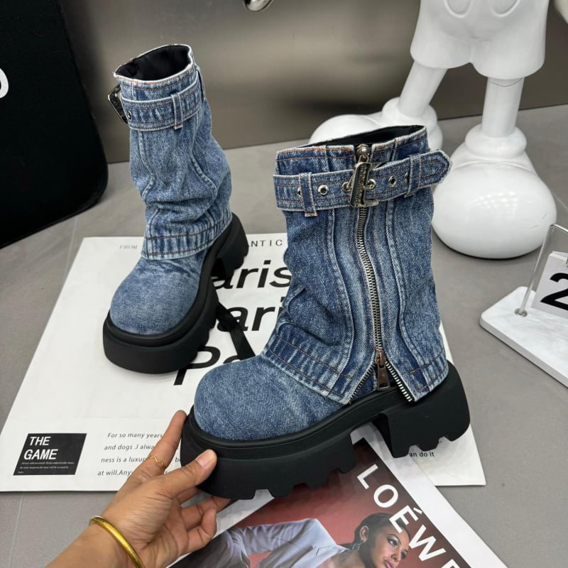Ženske denim čizme do polovice potkoljenice, s debelom potplatom, bočni zatvarač, Martin stil