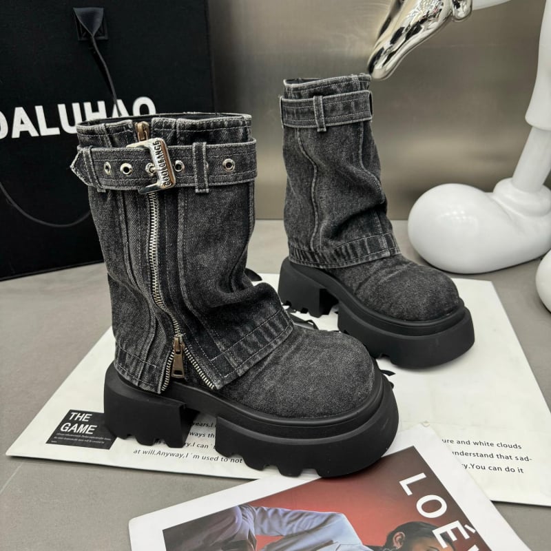 Ženske denim čizme do polovice potkoljenice, s debelom potplatom, bočni zatvarač, Martin stil